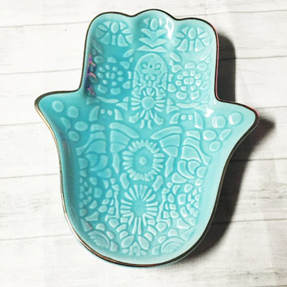 Turquoise & Gold Porcelain Hamsa Trinket DIsh - Picture 1 of 2